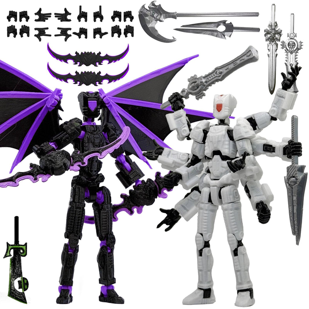 T13 3D Action Figures 2-Pack: Pre-Assembled Multi-Jointed Robot Set with Interchangeable Parts (Black Purple & White) - KAMOVNY Collectible Model Toy for Gamers and Desktop Decor