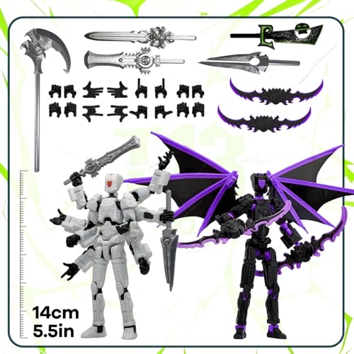 T13 3D Action Figures 2-Pack: Pre-Assembled Multi-Jointed Robot Set with Interchangeable Parts (Black Purple & White) - KAMOVNY Collectible Model Toy for Gamers and Desktop Decor