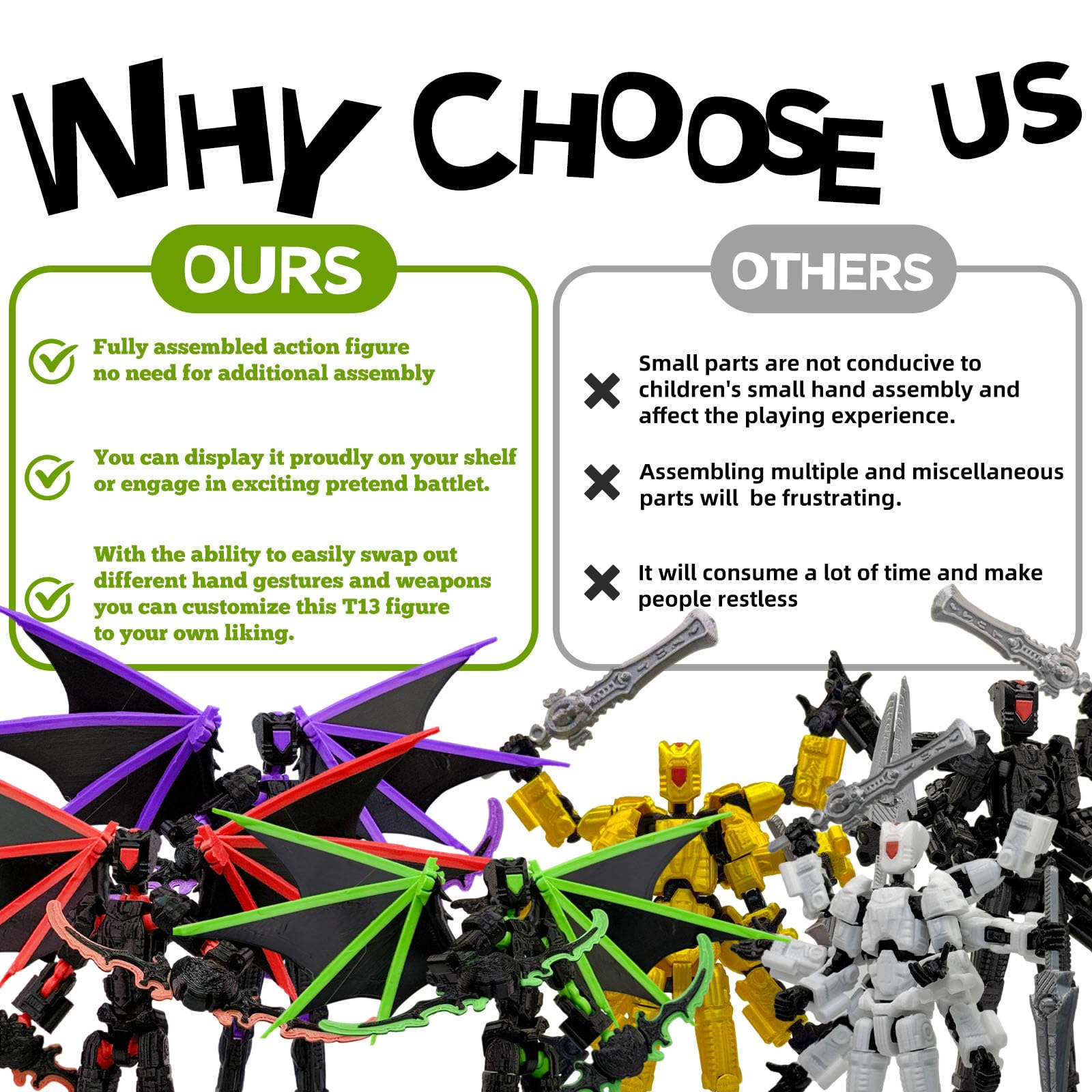 T13 3D Action Figures 2-Pack: Pre-Assembled Multi-Jointed Robot Set with Interchangeable Parts (Black Purple & White) - KAMOVNY Collectible Model Toy for Gamers and Desktop Decor