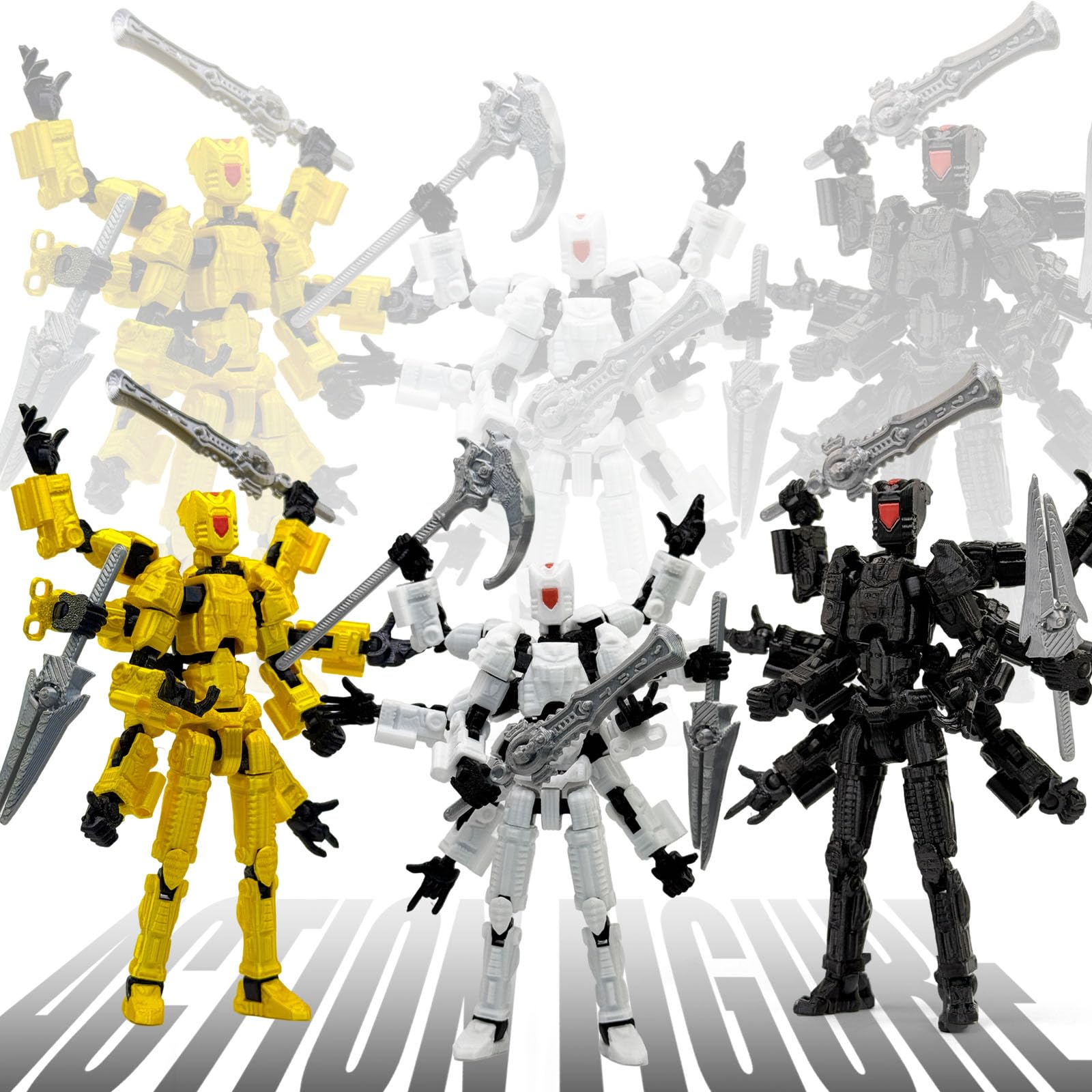 T13 3D Action Figures 2-Pack: Pre-Assembled Multi-Jointed Robot Set with Interchangeable Parts (Black Purple & White) - KAMOVNY Collectible Model Toy for Gamers and Desktop Decor