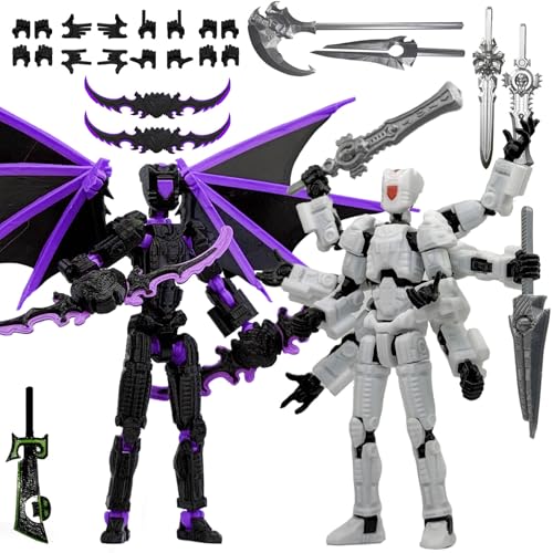 T13 3D Action Figures 2-Pack: Pre-Assembled Multi-Jointed Robot Set with Interchangeable Parts (Black Purple & White) - KAMOVNY Collectible Model Toy for Gamers and Desktop Decor