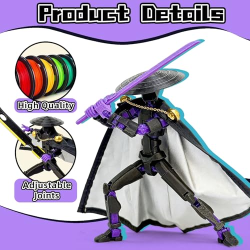 T13 3D Printed Action Figure – 5.2 Inch Black Purple Poseable Robot with Modifiable Weapon & Extra Hands