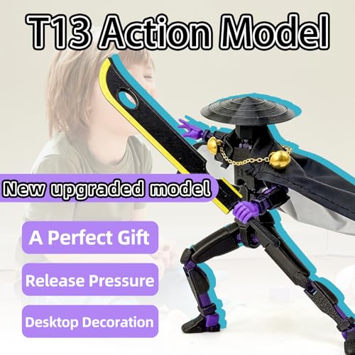T13 3D Printed Action Figure – 5.2 Inch Black Purple Poseable Robot with Modifiable Weapon & Extra Hands