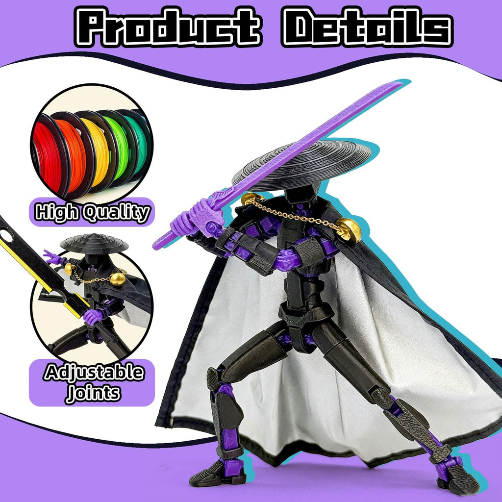 T13 3D Printed Action Figure – 5.2 Inch Black Purple Poseable Robot with Modifiable Weapon & Extra Hands