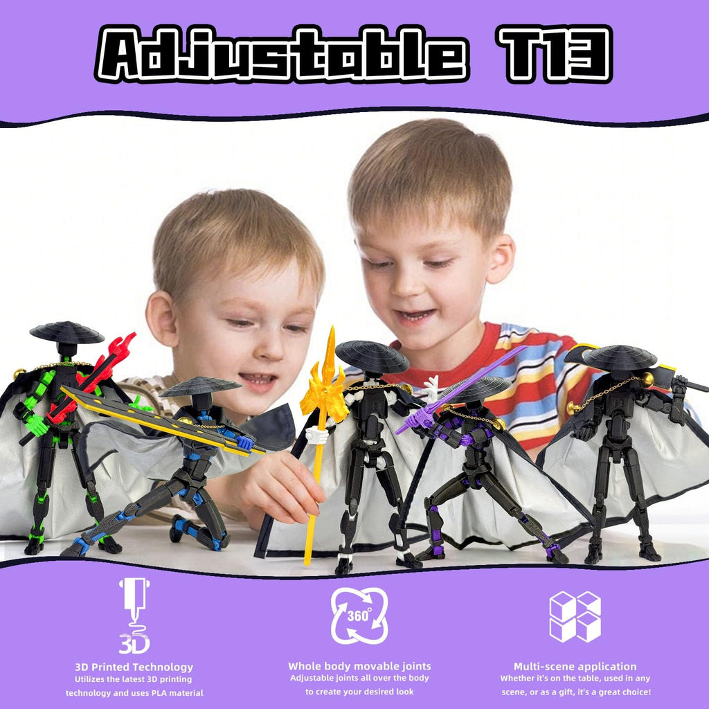 T13 3D Printed Action Figure – 5.2 Inch Black Purple Poseable Robot with Modifiable Weapon & Extra Hands