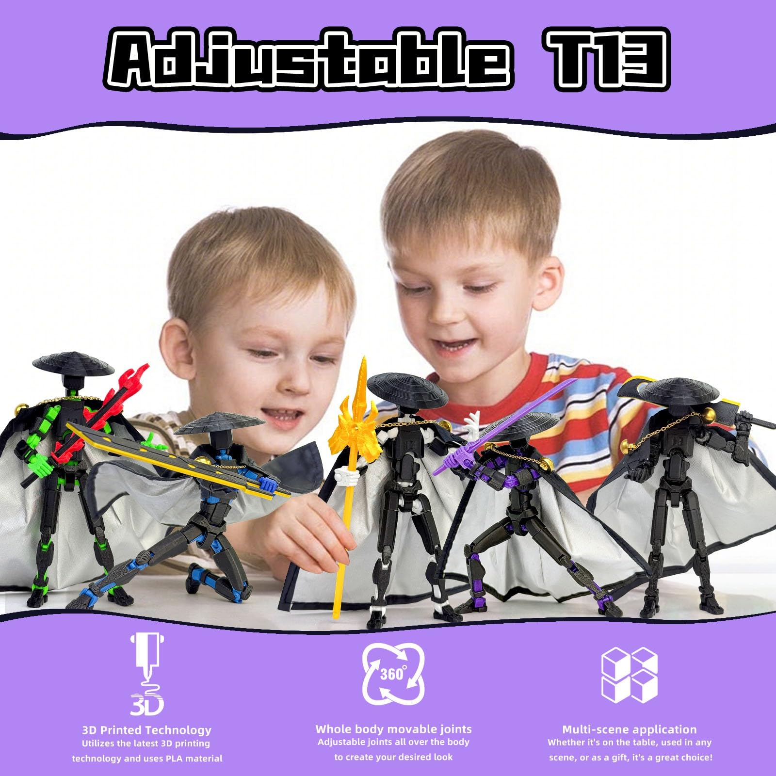 T13 3D Printed Action Figure – 5.2 Inch Black Purple Poseable Robot with Modifiable Weapon & Extra Hands