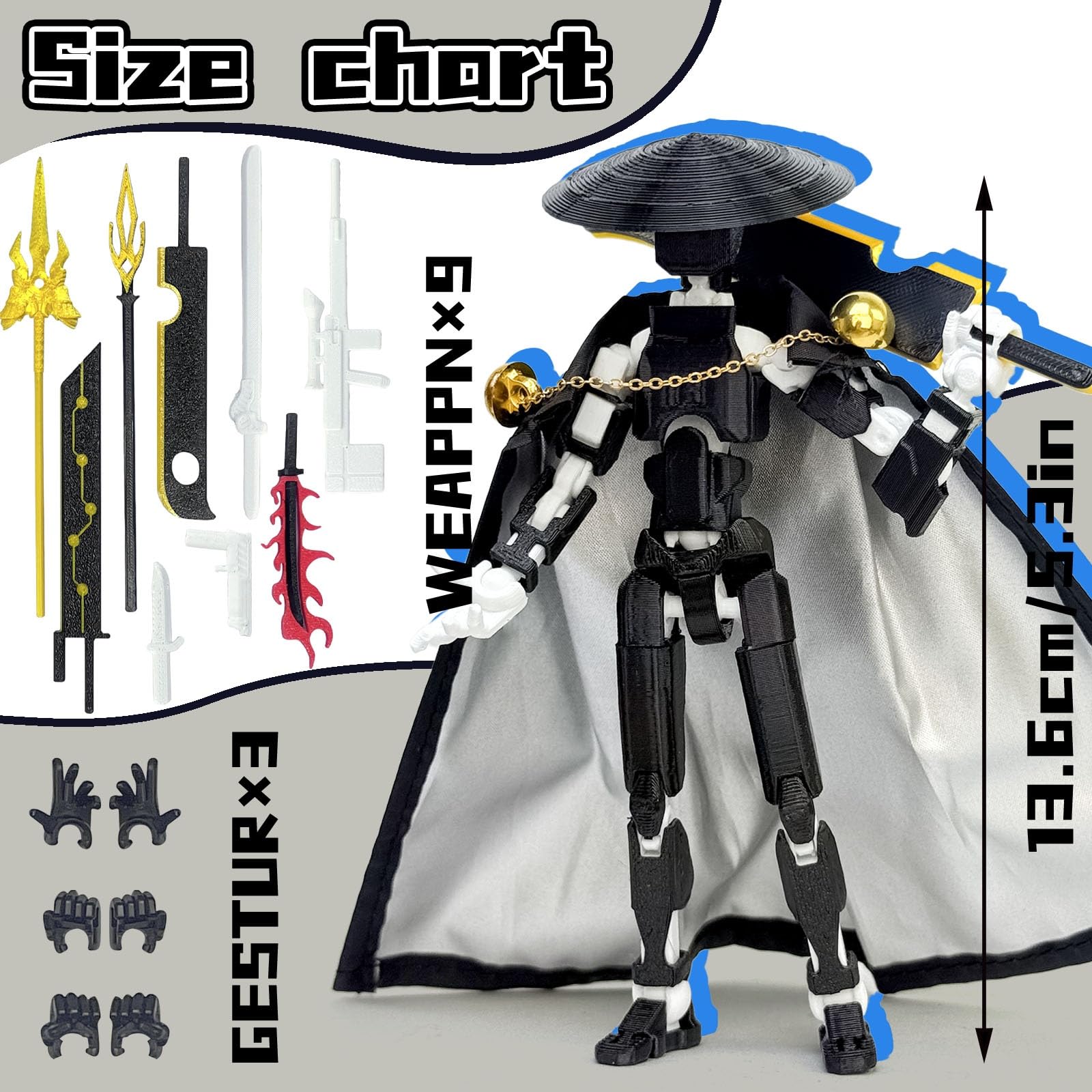 T13 Action Figure (5.2 Inch) – 3D Printed Robo 13 by Sooza, Fully Jointed with Weapons and Hands