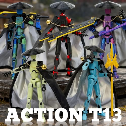 T13 Action Figure 5.2" Swordsman - Black Blue: 3D Printed Posable Robot by Sooza for Creative Play
