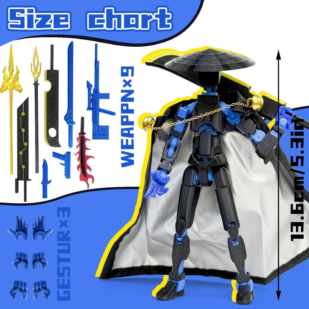 T13 Action Figure 5.2" Swordsman - Black Blue: 3D Printed Posable Robot by Sooza for Creative Play