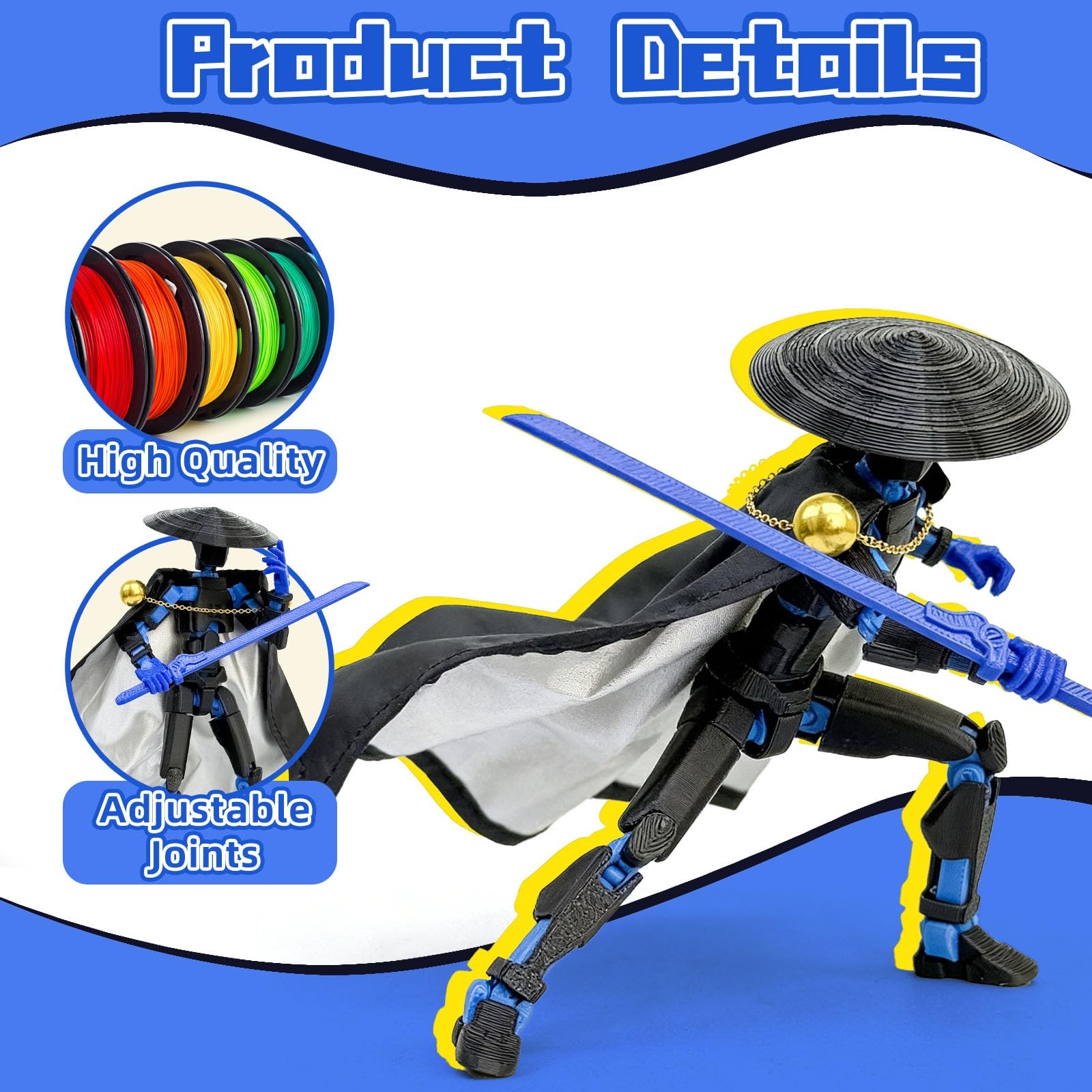 T13 Action Figure 5.2" Swordsman - Black Blue: 3D Printed Posable Robot by Sooza for Creative Play
