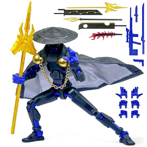 T13 Action Figure 5.2" Swordsman - Black Blue: 3D Printed Posable Robot by Sooza for Creative Play
