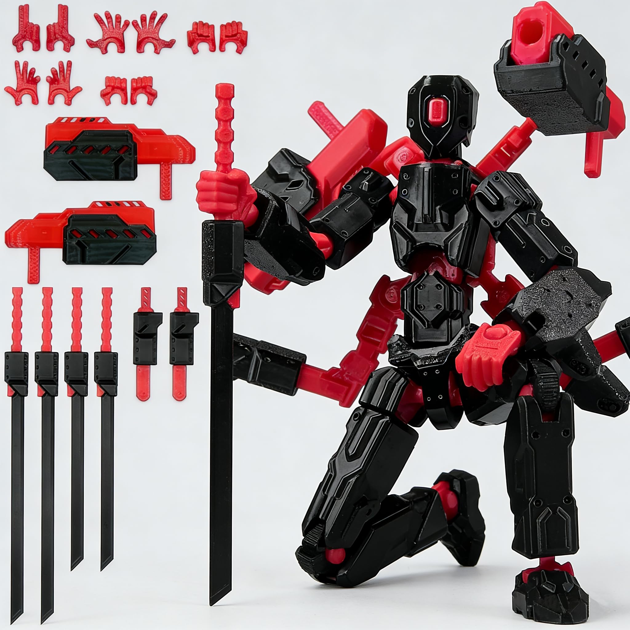 T13 Action Figure Set - 6-Arm 3D Printed Robot with 30+ Points of Articulation (Red & Black, Pre-Assembled)