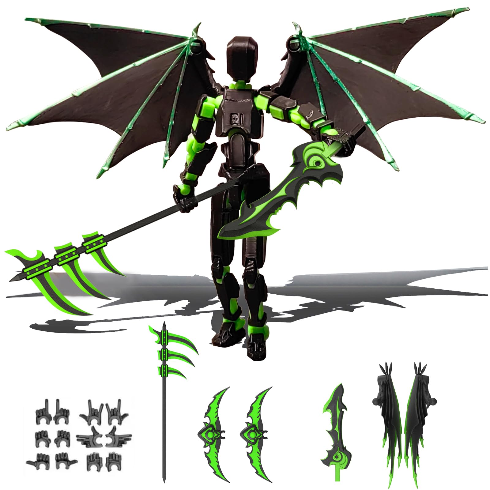 T13 Action Figure Set - Pre-Assembled Articulated Robot with Demon Wings & Weapons (Green Black)