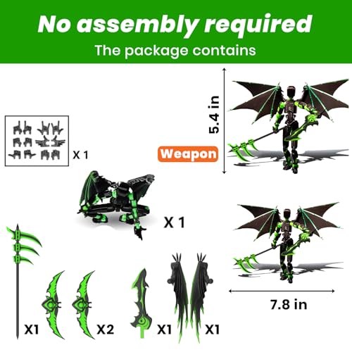 T13 Action Figure Set - Pre-Assembled Articulated Robot with Demon Wings & Weapons (Green Black)