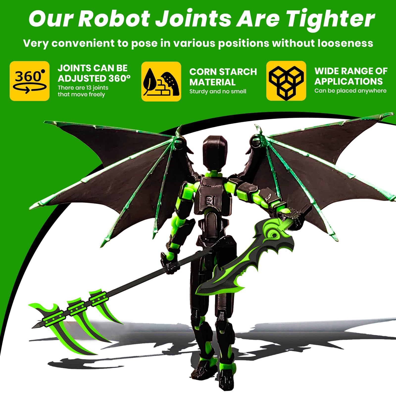 T13 Action Figure Set - Pre-Assembled Articulated Robot with Demon Wings & Weapons (Green Black)