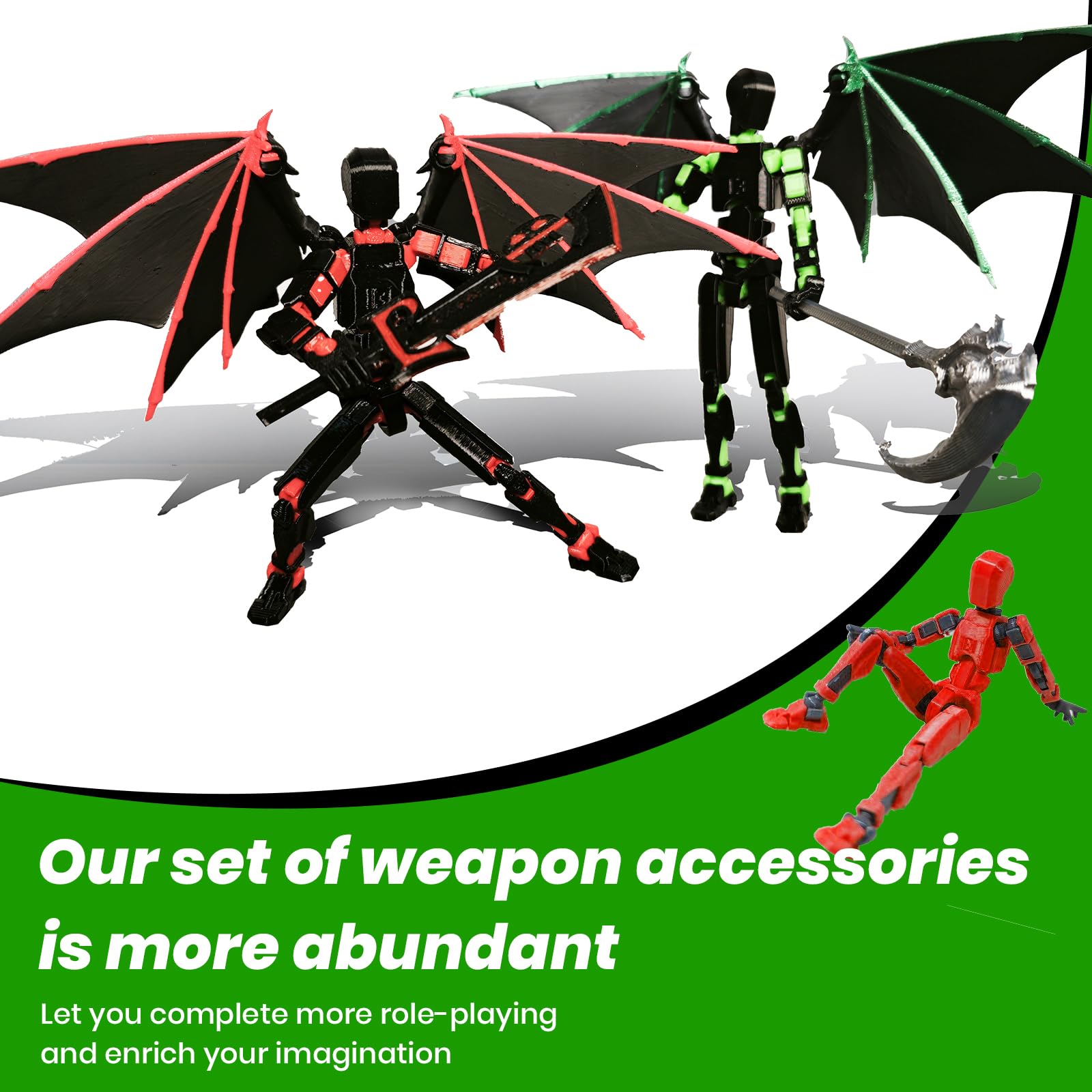 T13 Action Figure Set - Pre-Assembled Articulated Robot with Demon Wings & Weapons (Green Black)