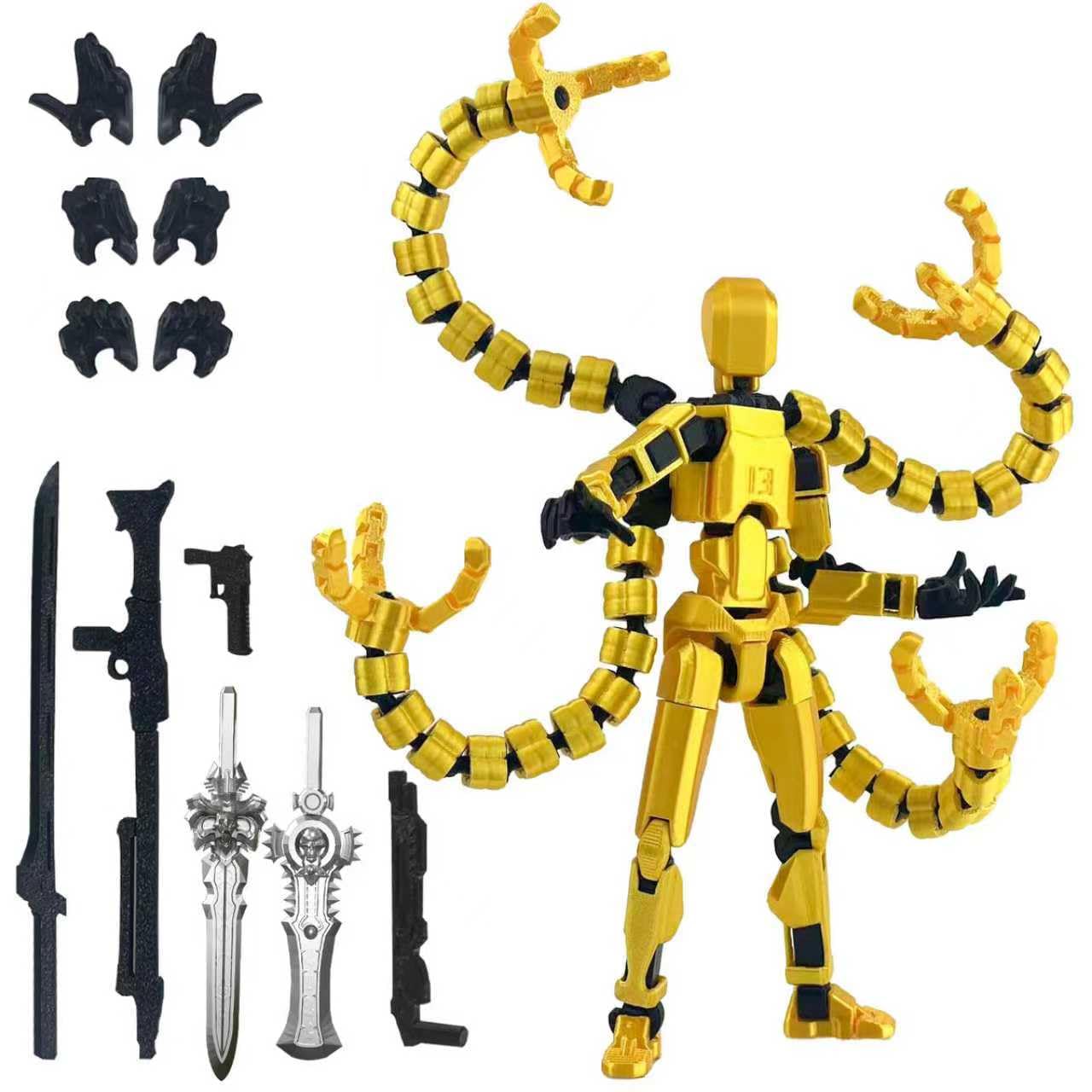 T13 Pre-Assembled Multi-Jointed Action Figure with Interchangeable Hands and Weapons – Yellow 5.5 Inch by PkghoKids