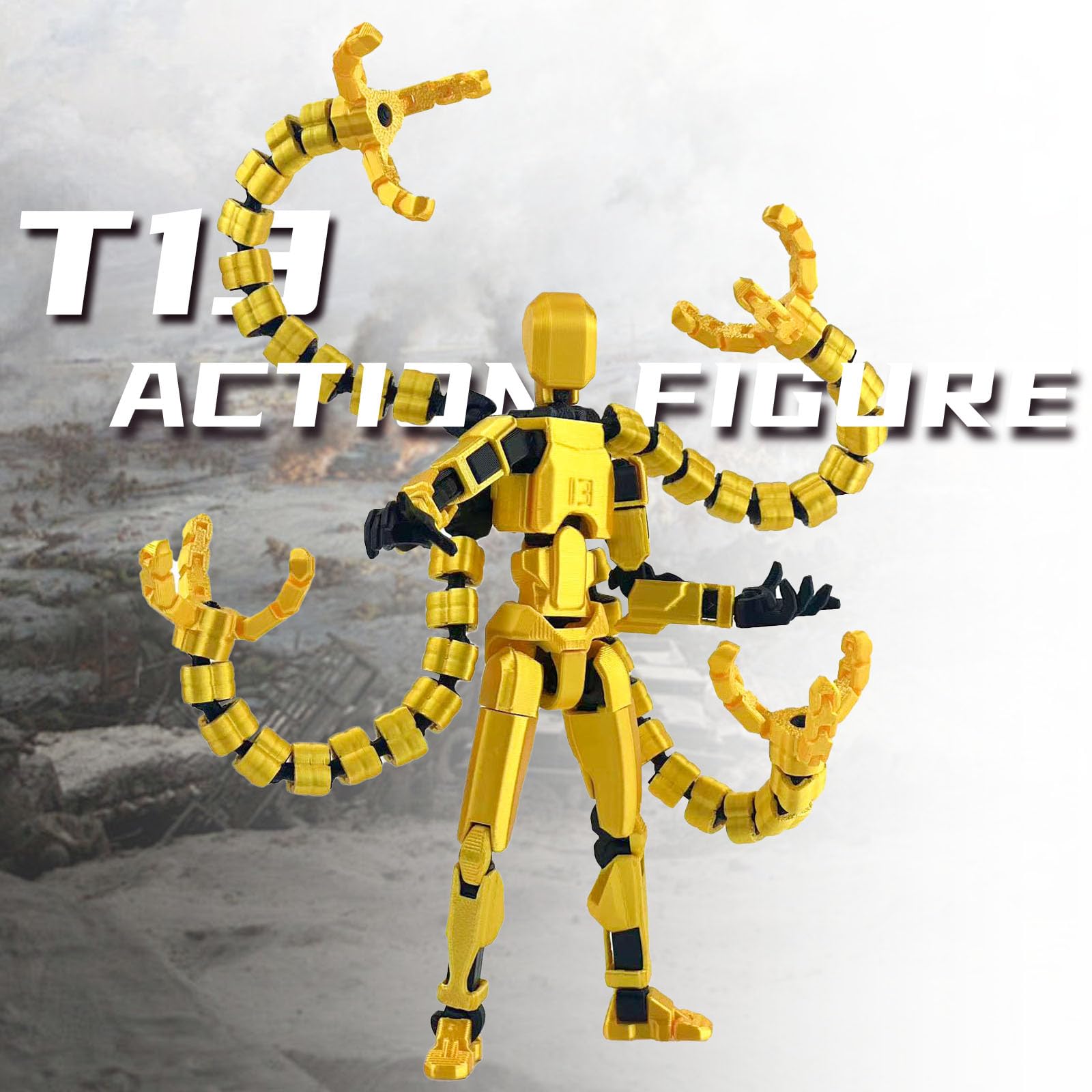 T13 Pre-Assembled Multi-Jointed Action Figure with Interchangeable Hands and Weapons – Yellow 5.5 Inch by PkghoKids