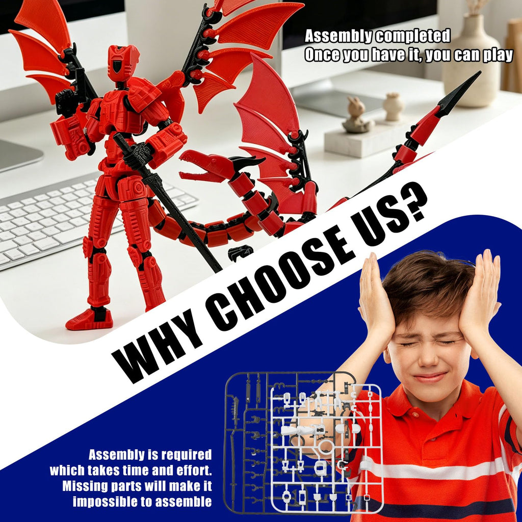 T13 Red Robot Action Figure with Dragon – 3D Printed Mecha Toy with Multi-Jointed Articulation and DIY Weapons