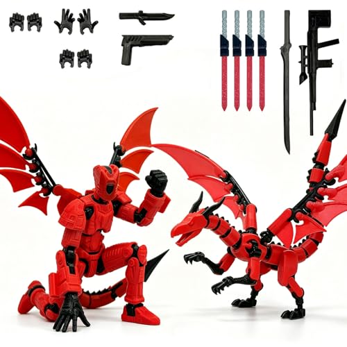 T13 Red Robot Action Figure with Dragon – 3D Printed Mecha Toy with Multi-Jointed Articulation and DIY Weapons