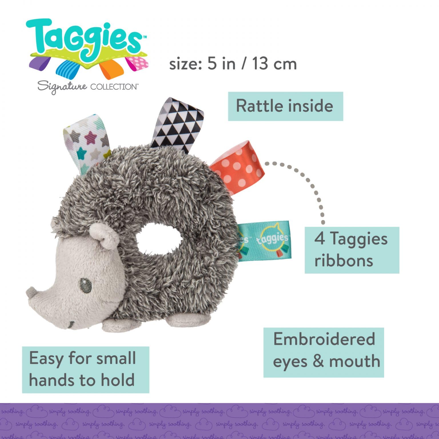 Taggies Heather Hedgehog Baby Rattle - 5-Inch Soft Ring Rattle with Satin Loop Tags