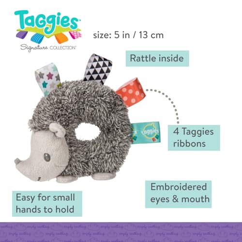 Taggies Heather Hedgehog Baby Rattle - 5-Inch Soft Ring Rattle with Satin Loop Tags