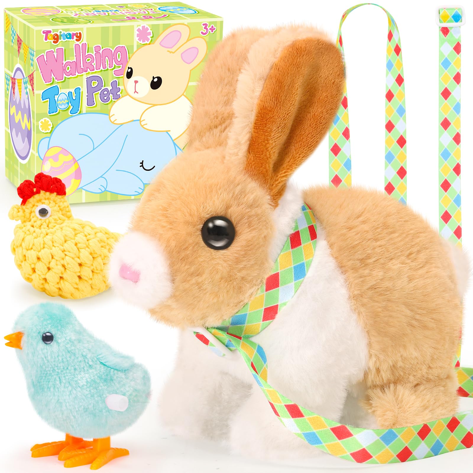 Tagitary Easter Plush Bunny Toy: Hopping Interactive Rabbit with Leash, Sounds, and Wind-Up Chickens