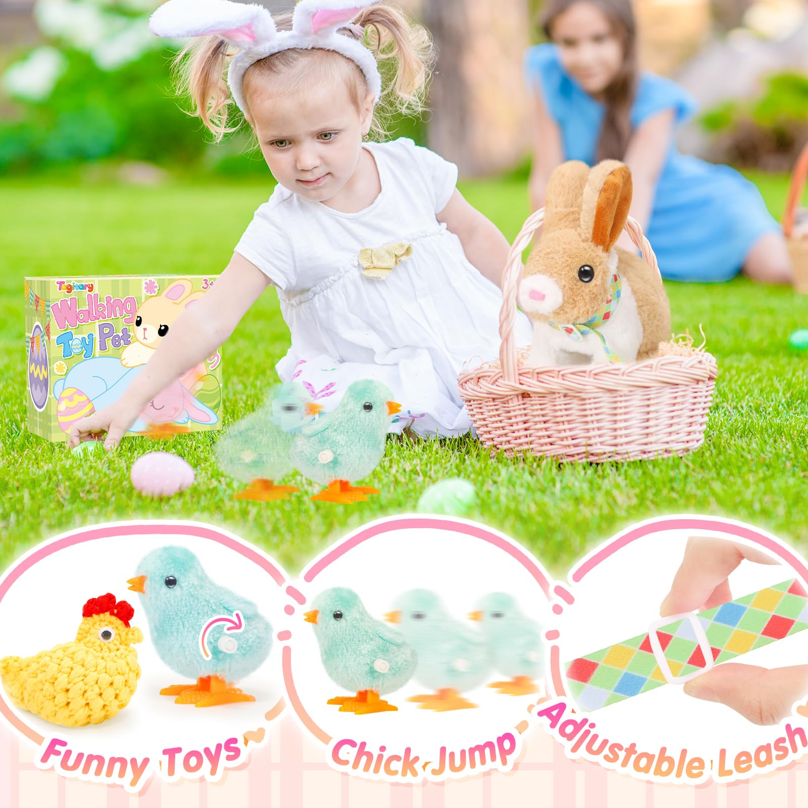 Tagitary Easter Plush Bunny Toy: Hopping Interactive Rabbit with Leash, Sounds, and Wind-Up Chickens