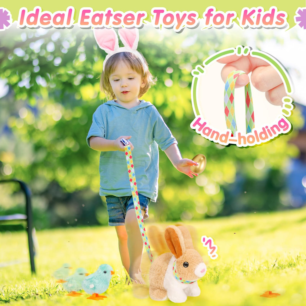 Tagitary Easter Plush Bunny Toy: Hopping Interactive Rabbit with Leash, Sounds, and Wind-Up Chickens