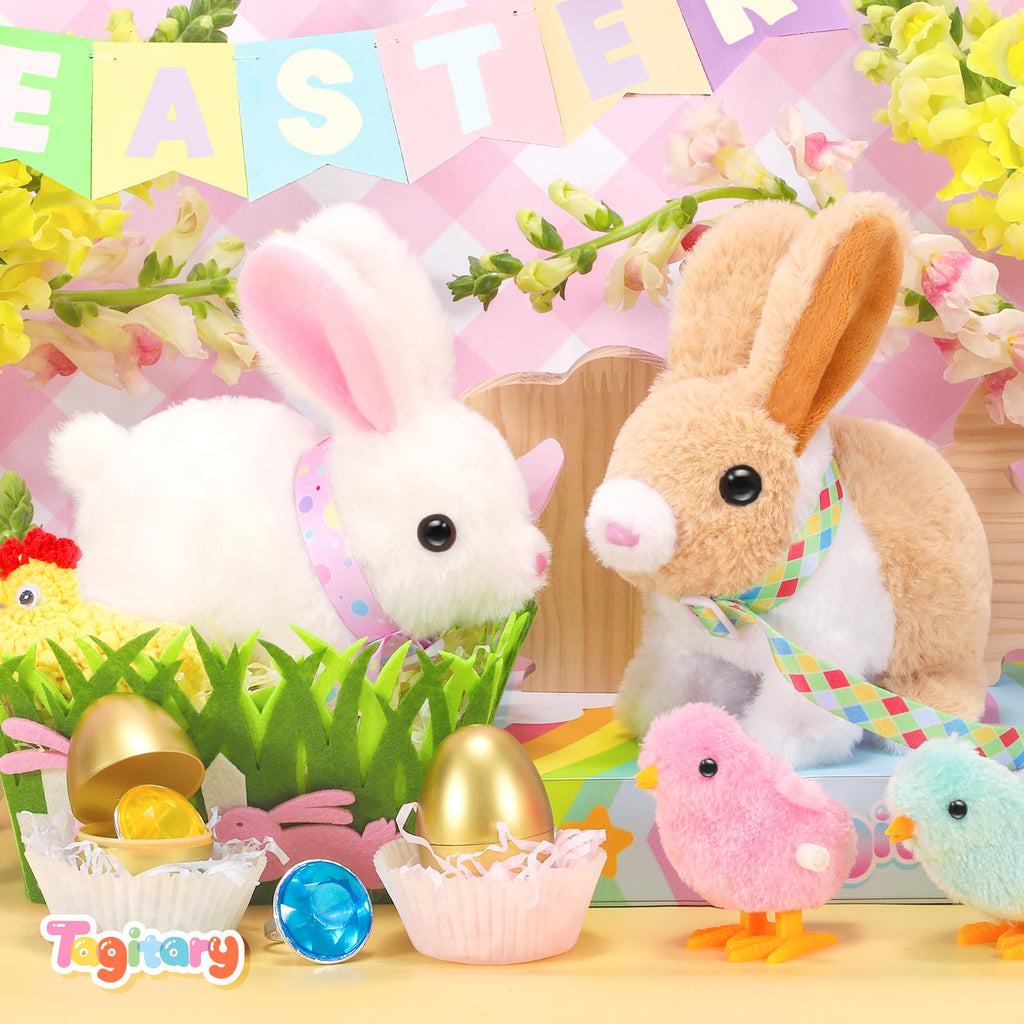 Tagitary Easter Plush Bunny Toy: Hopping Interactive Rabbit with Leash, Sounds, and Wind-Up Chickens
