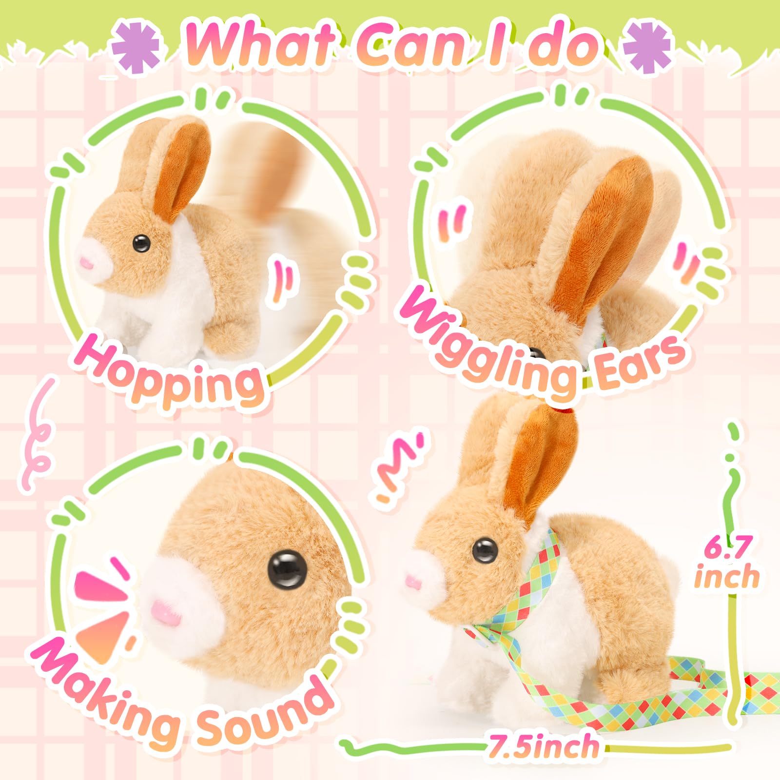 Tagitary Easter Plush Bunny Toy: Hopping Interactive Rabbit with Leash, Sounds, and Wind-Up Chickens