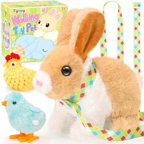 Tagitary Easter Plush Bunny Toy: Hopping Interactive Rabbit with Leash, Sounds, and Wind-Up Chickens