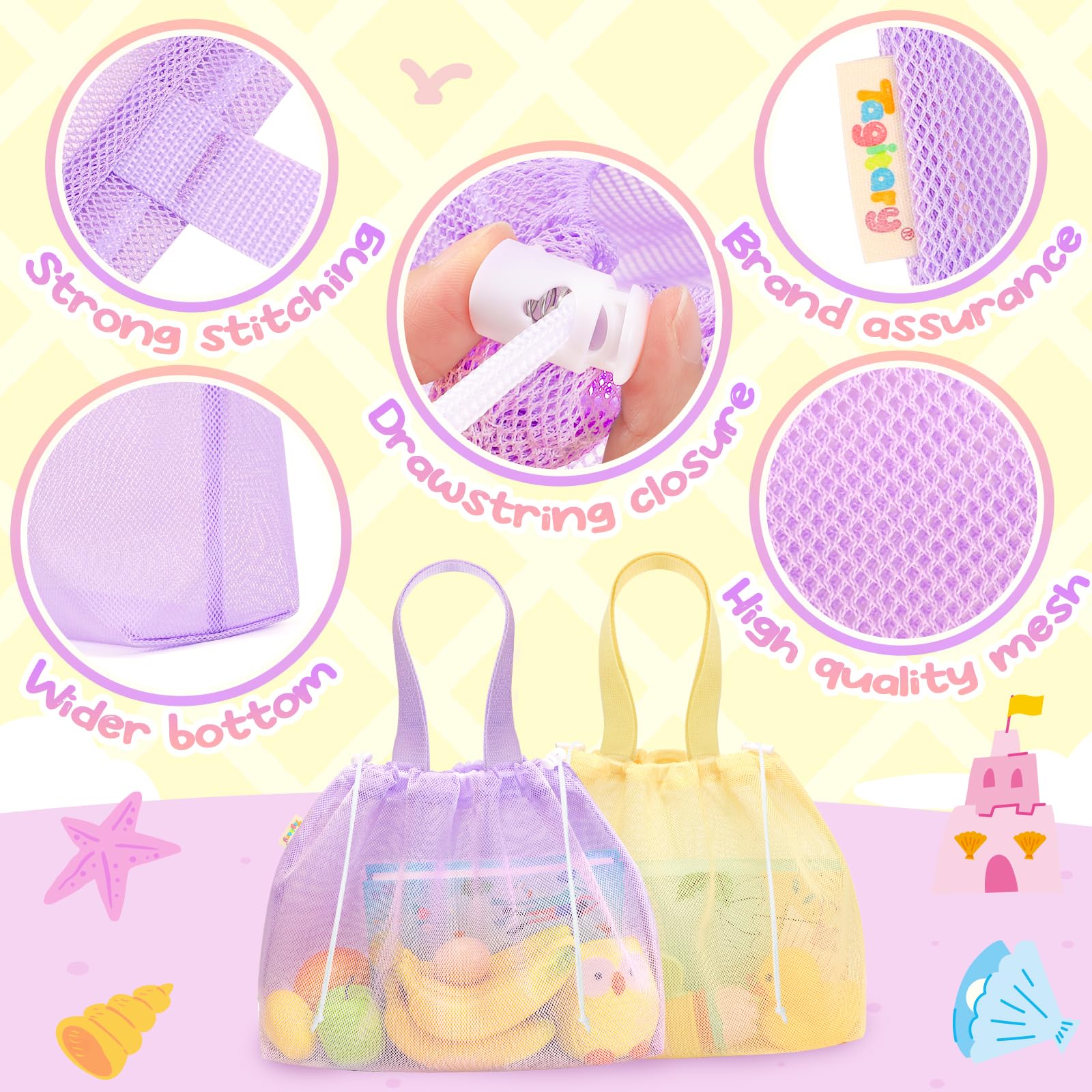 Tagitary Kids Beach Bag Tote with Drawstring - Yellow Purple Mesh Lightweight Foldable for Pool Gym Camping