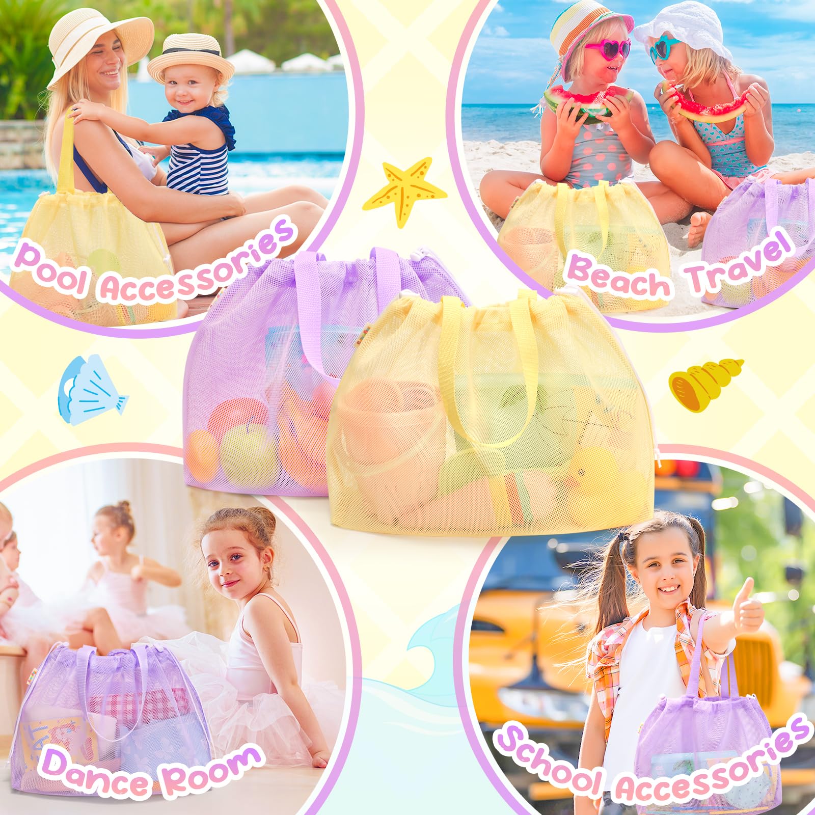 Tagitary Kids Beach Bag Tote with Drawstring - Yellow Purple Mesh Lightweight Foldable for Pool Gym Camping