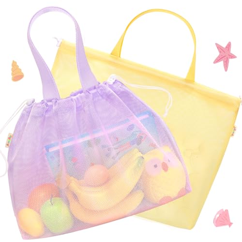 Tagitary Kids Beach Bag Tote with Drawstring - Yellow Purple Mesh Lightweight Foldable for Pool Gym Camping