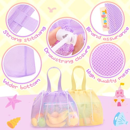 Tagitary Kids Beach Bag Tote with Drawstring - Yellow Purple Mesh Lightweight Foldable for Pool Gym Camping