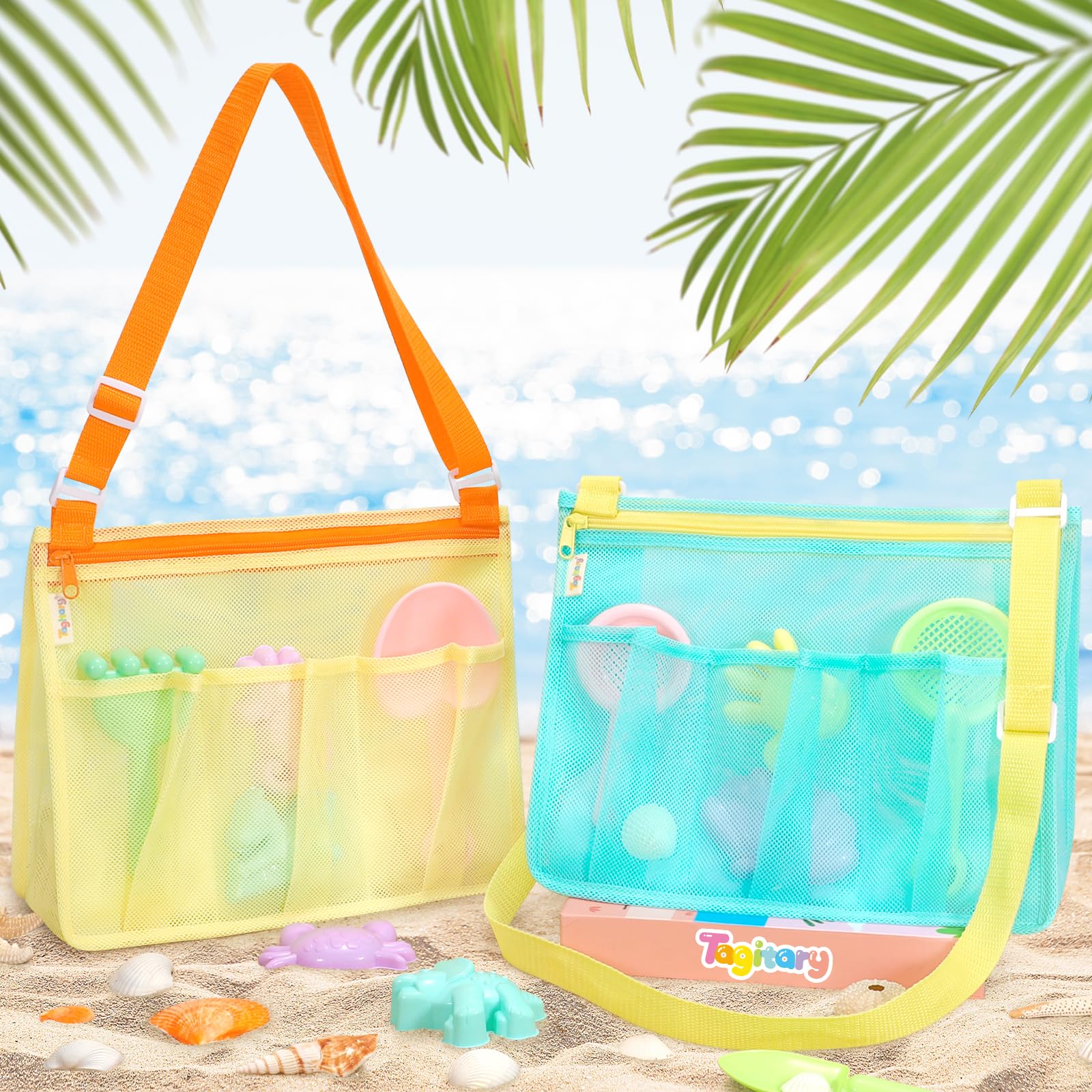 Tagitary Kids Mesh Beach Bag - Blue and Yellow Crossbody with Zipper, 4 Pockets for Toys and Shells