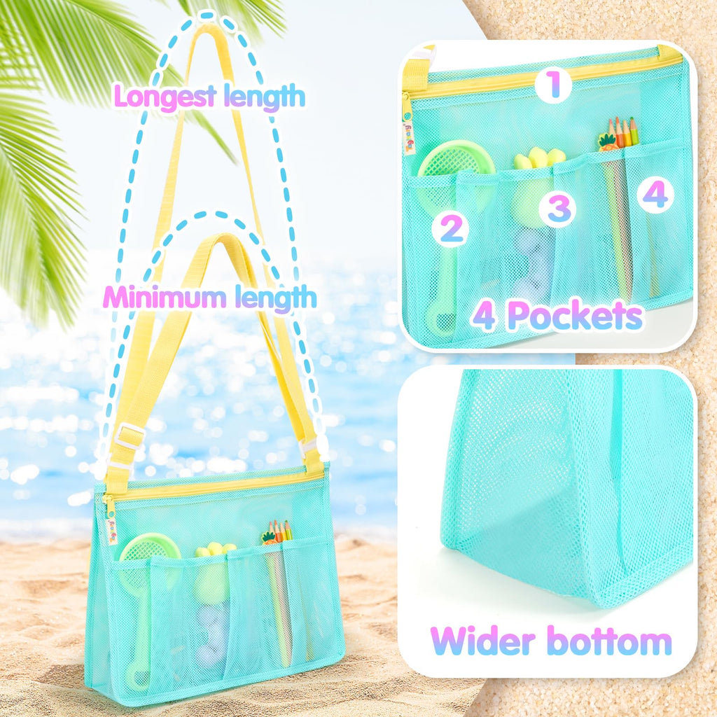 Tagitary Kids Mesh Beach Bag - Blue and Yellow Crossbody with Zipper, 4 Pockets for Toys and Shells