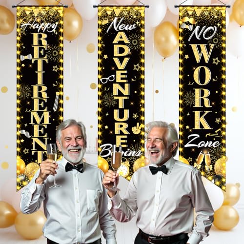 TagreSpike 3-Piece Retirement Porch Banner Set - Black Gold, 47x12 inches, Includes Happy Retirement, New Adventure Begins, No Work Zone