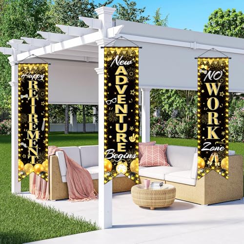 TagreSpike 3-Piece Retirement Porch Banner Set - Black Gold, 47x12 inches, Includes Happy Retirement, New Adventure Begins, No Work Zone