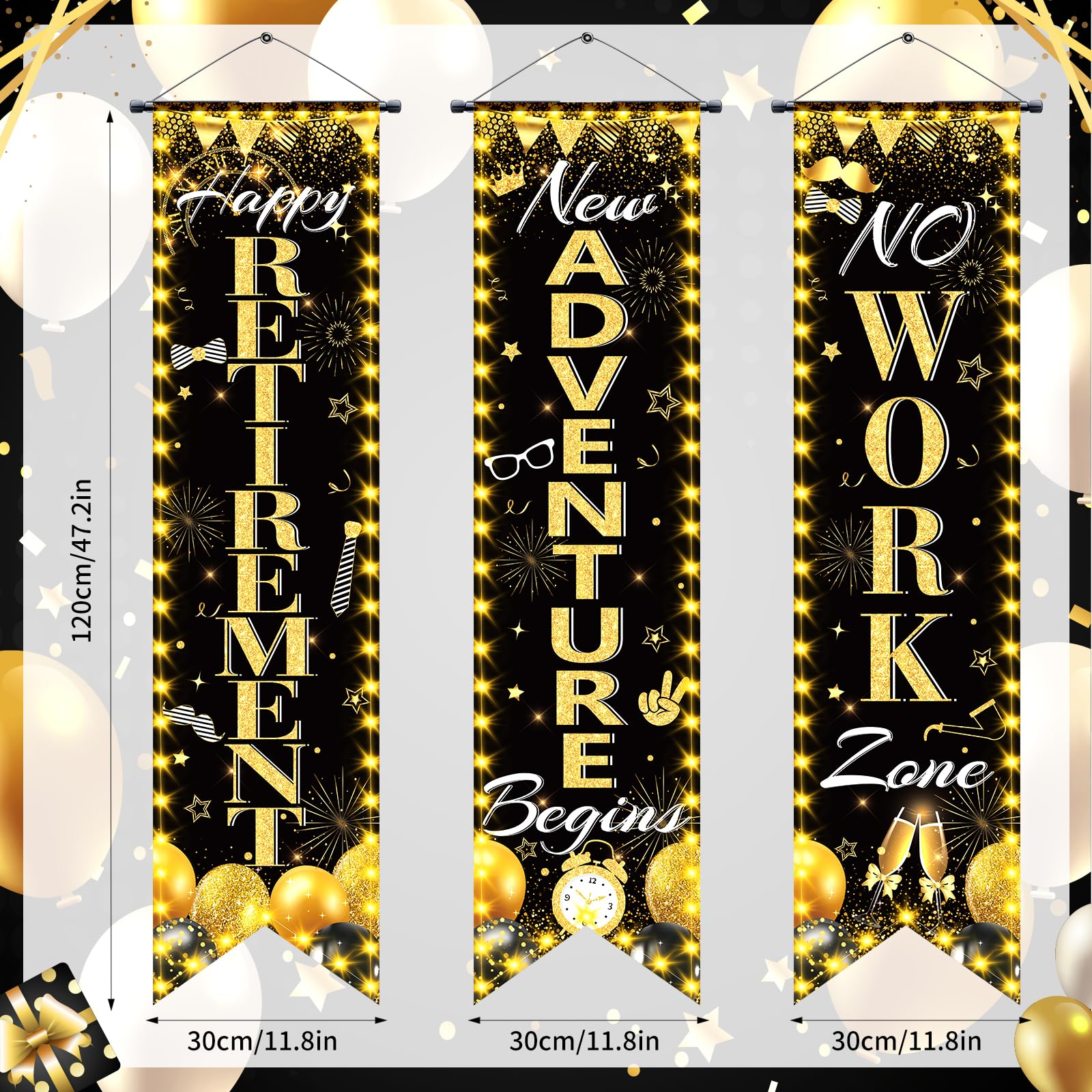 TagreSpike 3-Piece Retirement Porch Banner Set - Black Gold, 47x12 inches, Includes Happy Retirement, New Adventure Begins, No Work Zone