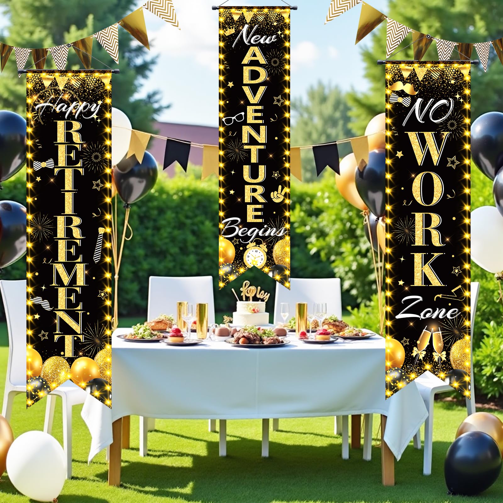 TagreSpike 3-Piece Retirement Porch Banner Set - Black Gold, 47x12 inches, Includes Happy Retirement, New Adventure Begins, No Work Zone