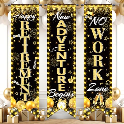 TagreSpike 3-Piece Retirement Porch Banner Set - Black Gold, 47x12 inches, Includes Happy Retirement, New Adventure Begins, No Work Zone