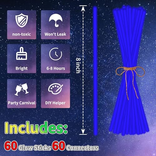 Taikula 60 Pack 8-Inch Blue Glow Sticks with Connectors for Parties and DIY