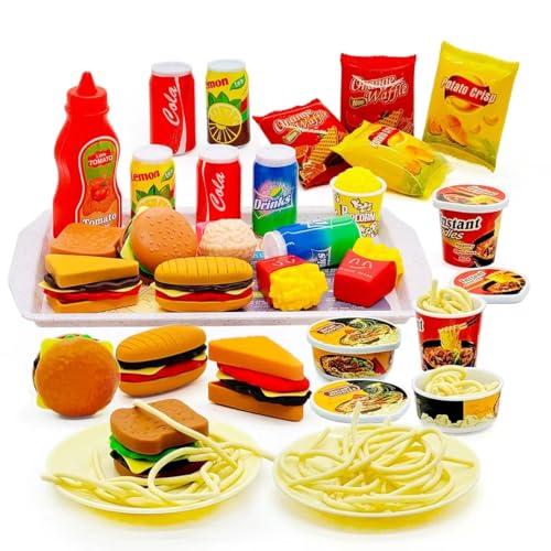 Taken All 31-Piece Mini Fast Food Playset – Hamburger, Fries, Noodles & Drink with Tray for Pretend Play