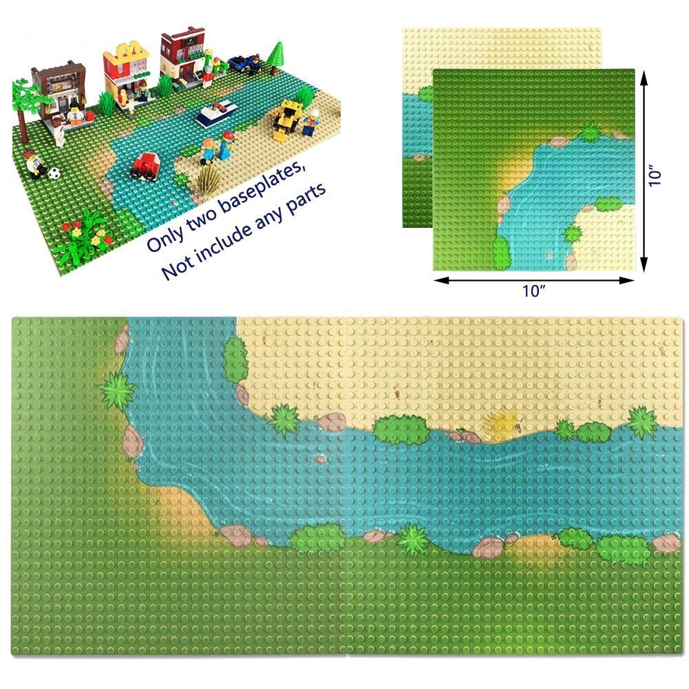 Taken All Grassland Rivers Baseplate 2-Pack (1 Straight + 1 Curve) - 10x10 inch Building Brick Base