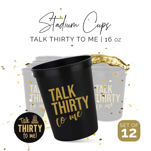 Talk Thirty to Me 30th Birthday Cups – Set of 12 Black & Gold Stadium Cups with Button
