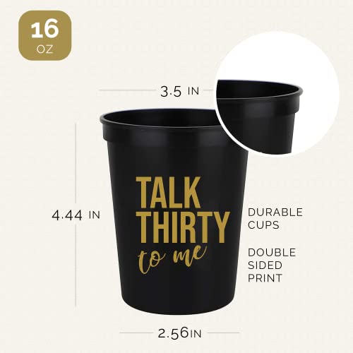 Talk Thirty to Me 30th Birthday Cups – Set of 12 Black & Gold Stadium Cups with Button