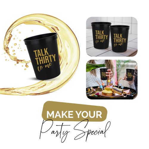 Talk Thirty to Me 30th Birthday Cups – Set of 12 Black & Gold Stadium Cups with Button