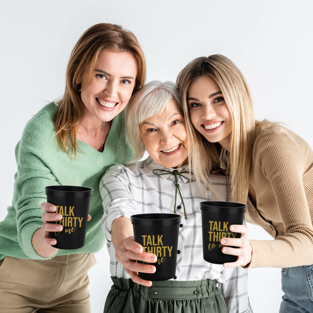 Talk Thirty to Me 30th Birthday Cups – Set of 12 Black & Gold Stadium Cups with Button
